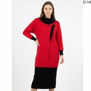 Elegant Red and Black Cowl Neck Sweater Dress